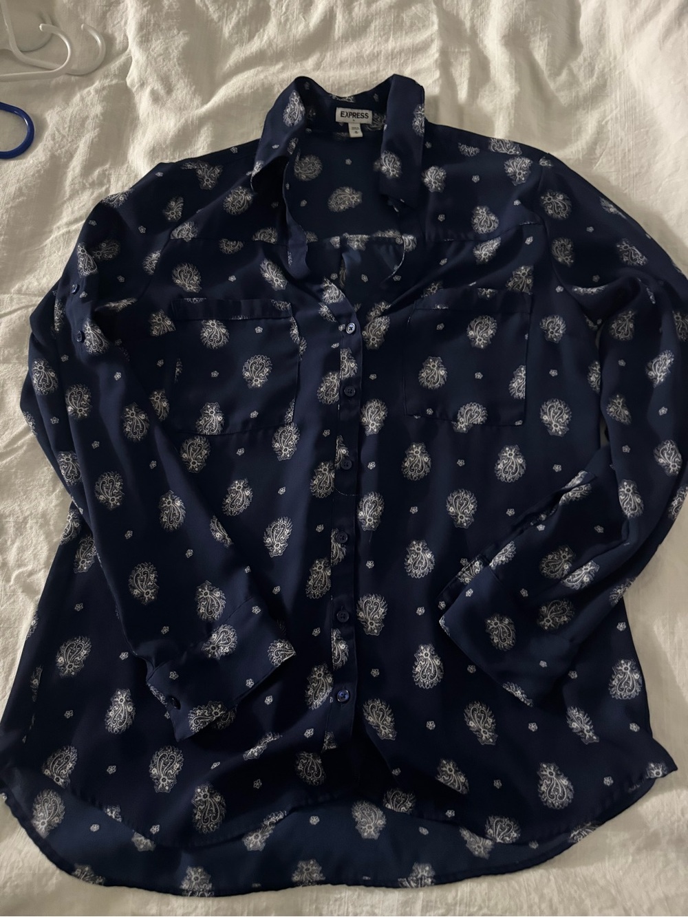 Express Navy Button-Down Shirt with White Paisley Print